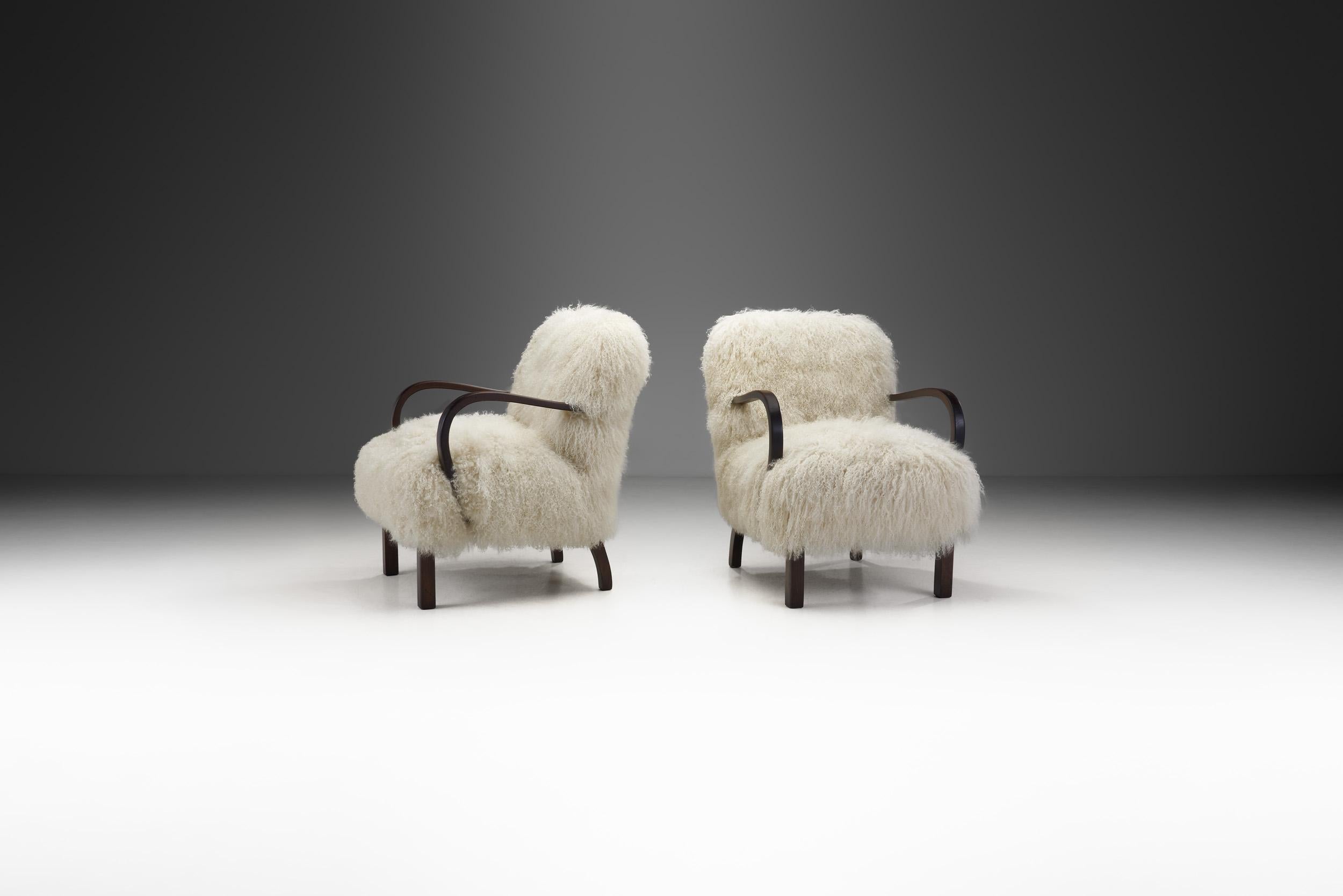 Mid-Century Modern European Armchairs in Mongolian Shearling, Europe, circa 1950s For Sale