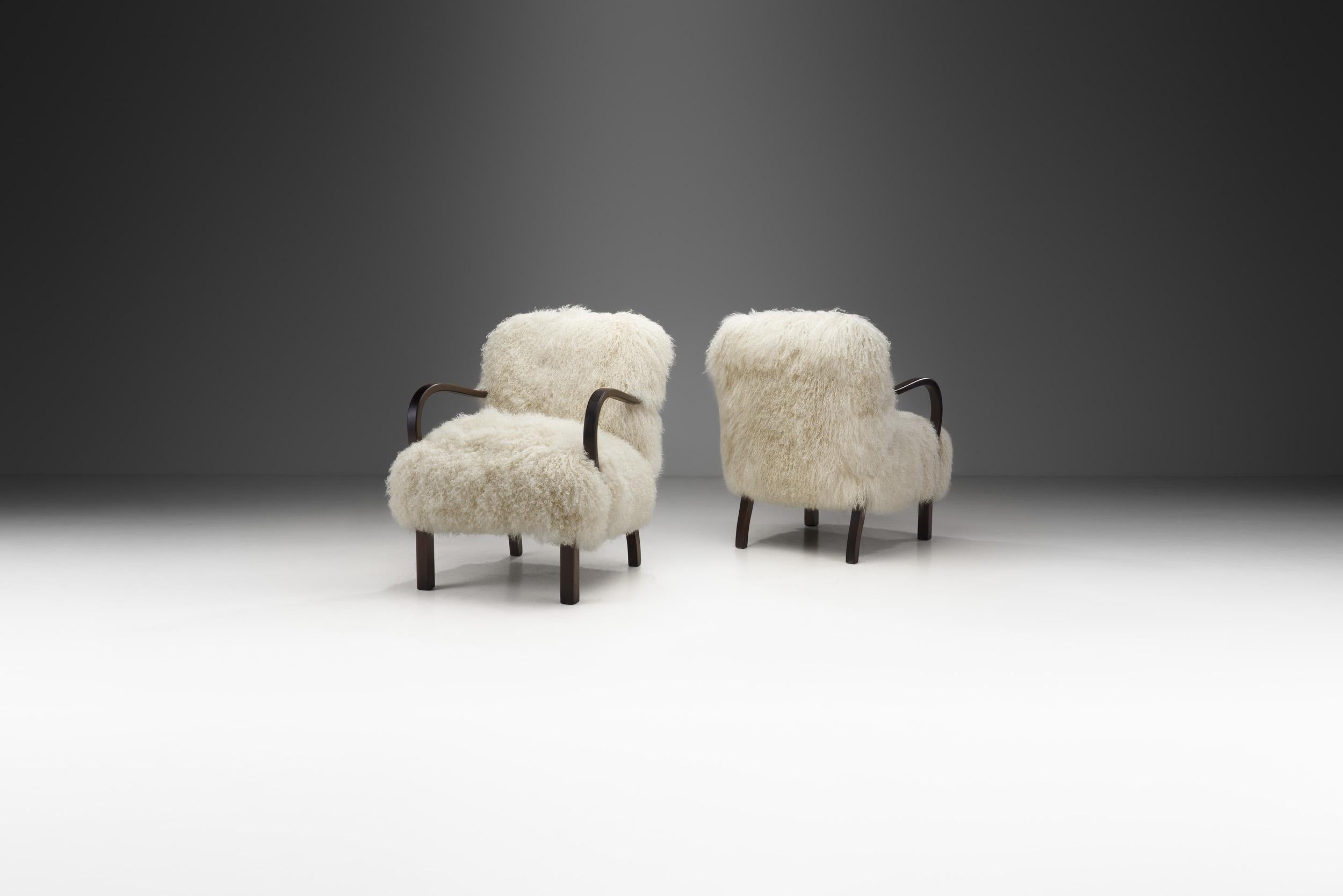 Mid-20th Century European Armchairs in Mongolian Shearling, Europe, circa 1950s For Sale