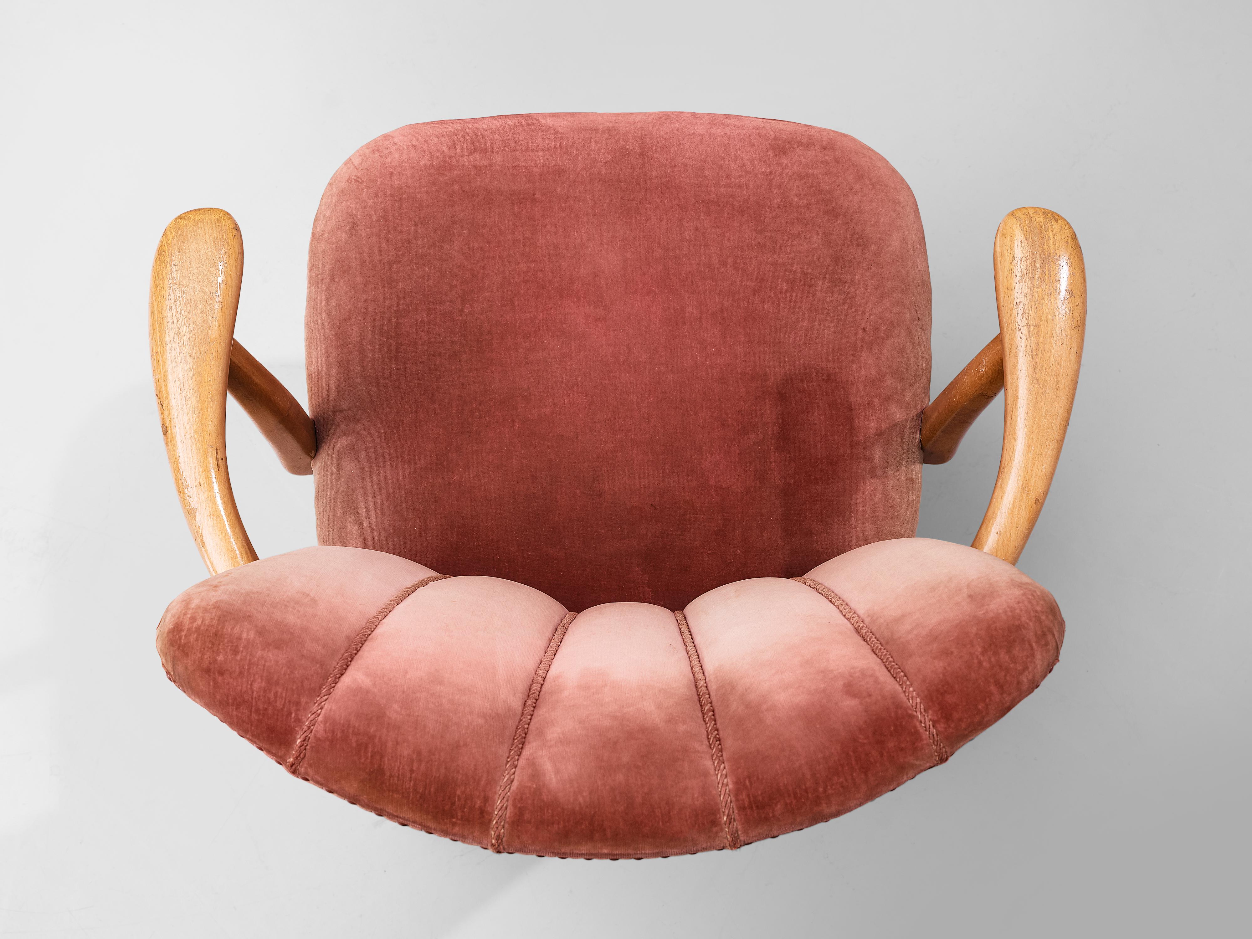 Mid-Century Modern European Armchairs in Soft Pink Velvet Upholstery and Beech