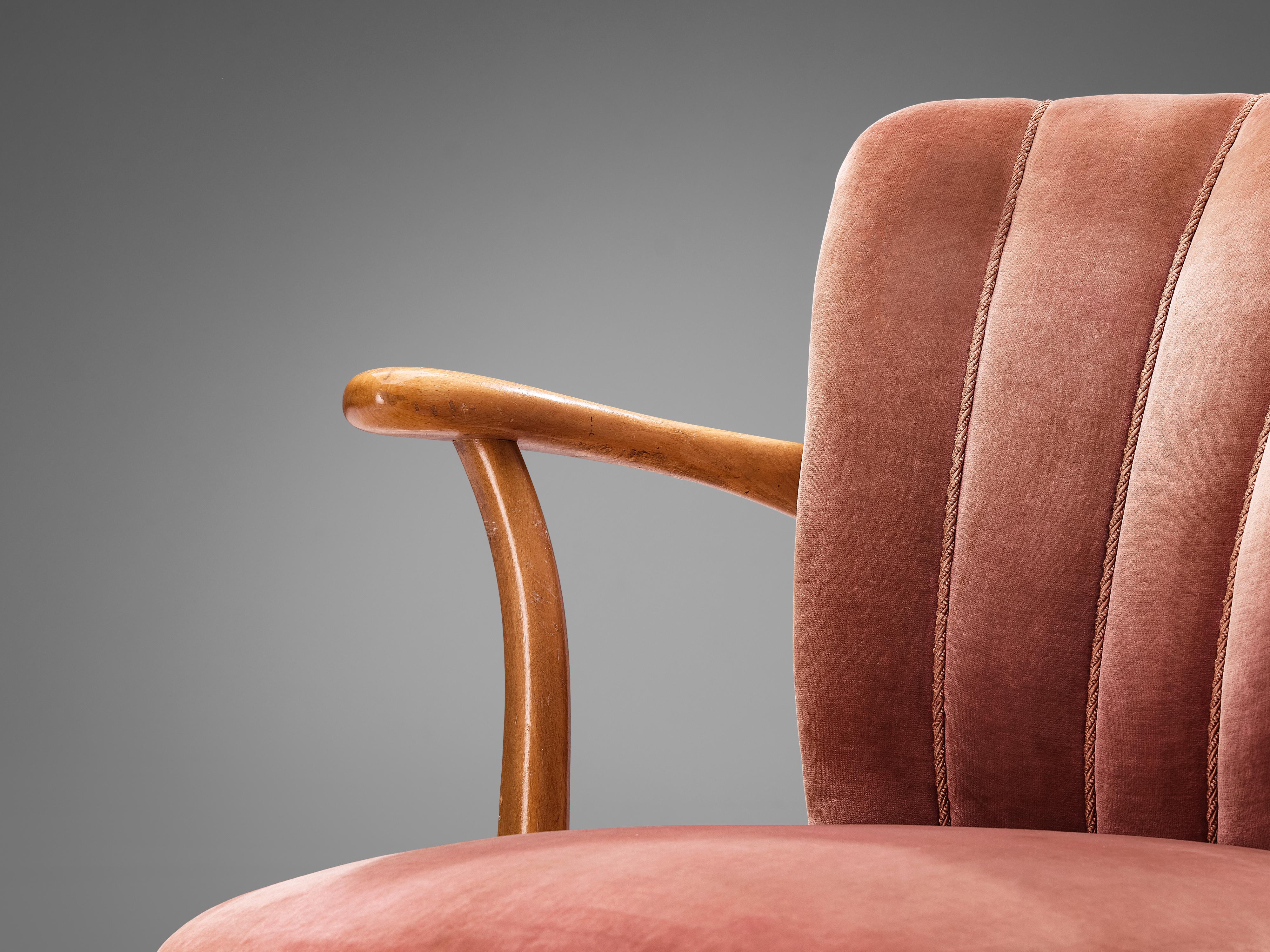 Mid-20th Century European Armchairs in Soft Pink Velvet Upholstery and Beech