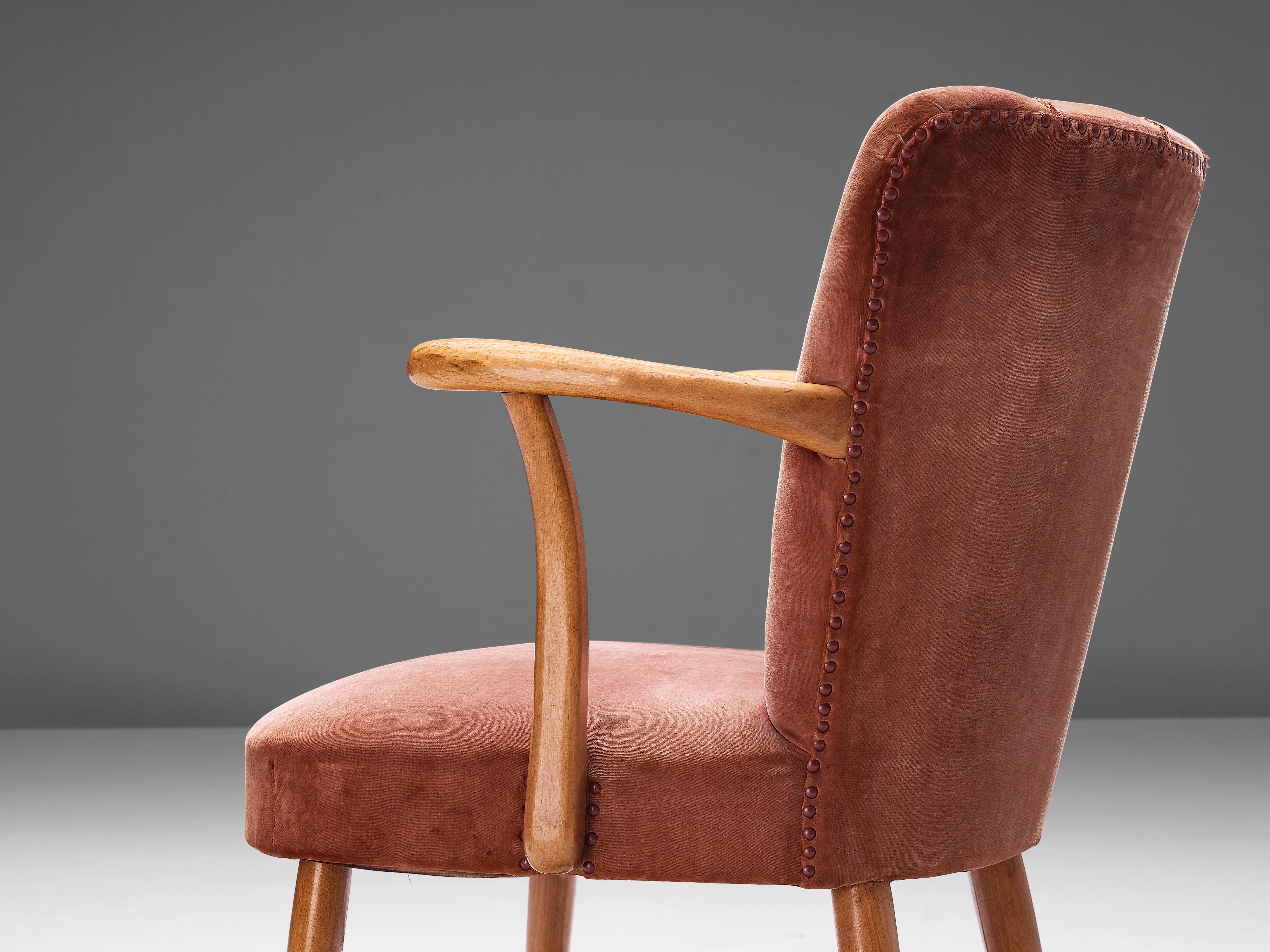 European Armchairs in Soft Pink Velvet Upholstery and Beech 1