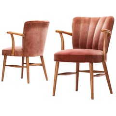 European Armchairs in Soft Pink Velvet Upholstery and Beech
