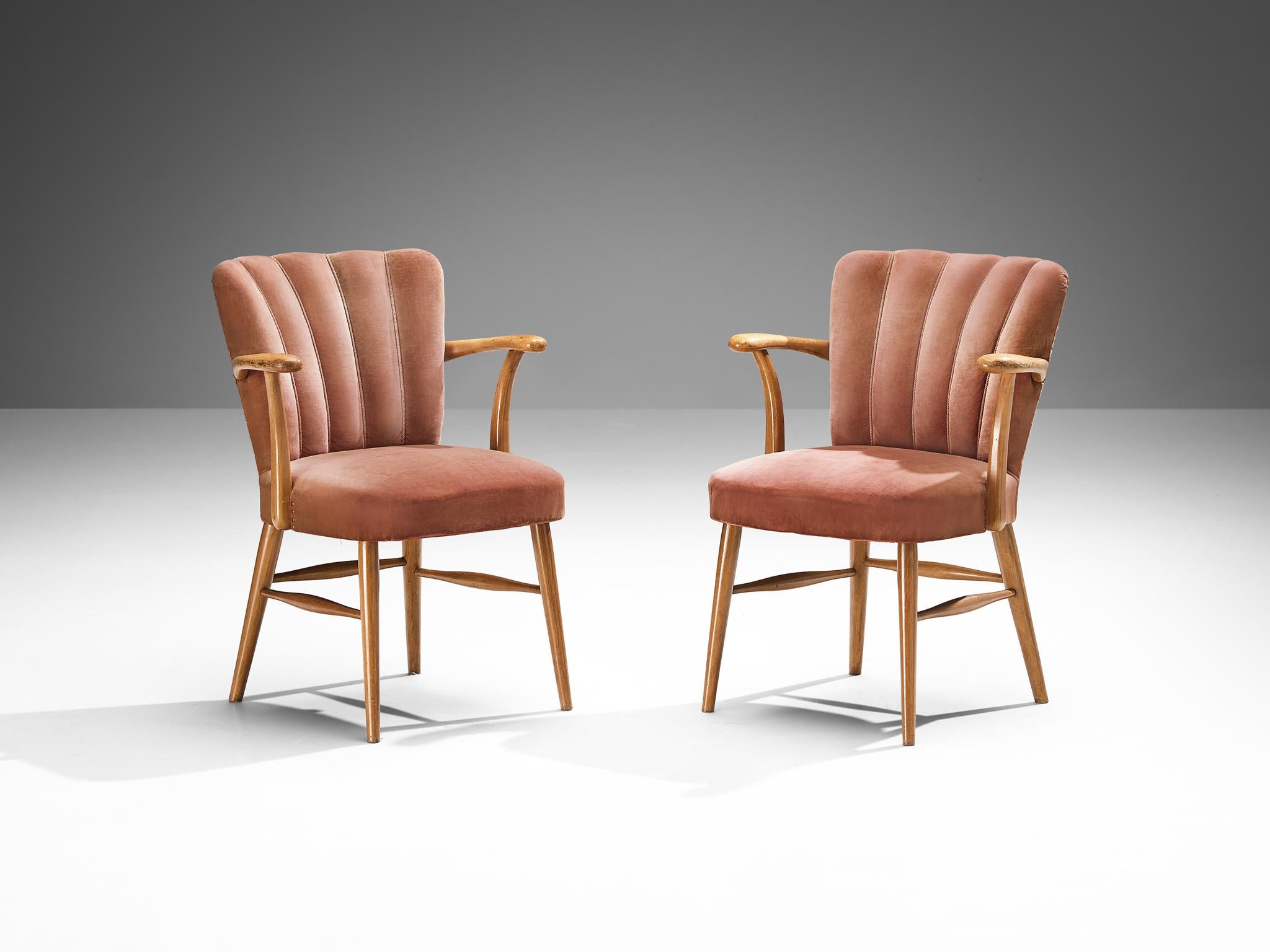 Mid-20th Century European Armchairs in Soft Pink Velvet Upholstery and Wood  For Sale