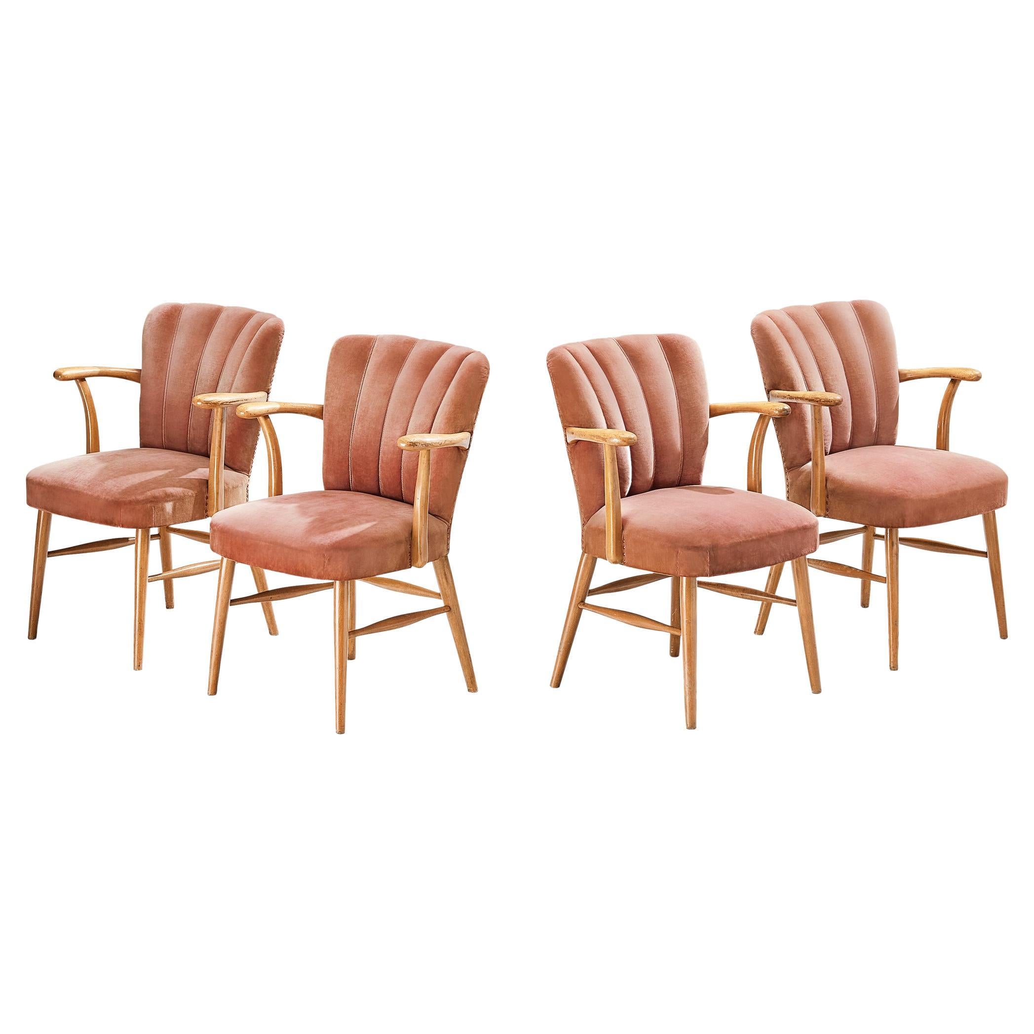 European Armchairs in Soft Pink Velvet Upholstery and Wood 