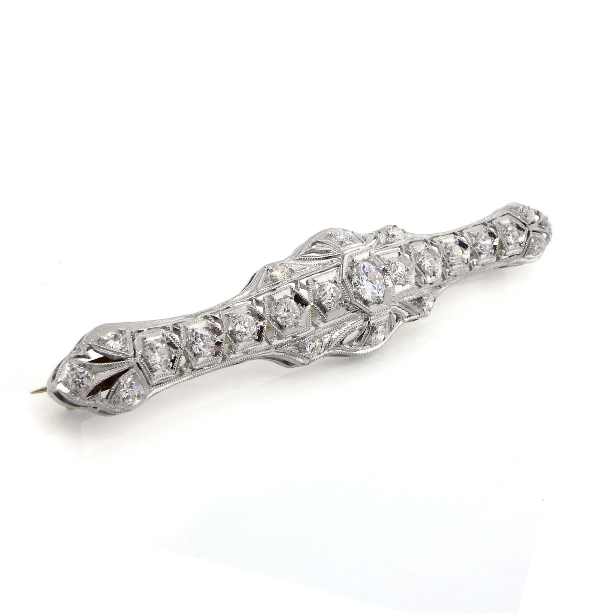 This 1920’s diamond brooch is made of platinum and set with over 3.00-carats of dazzling diamonds. Lovely openwork design features collet-set and bead-set old circular-cut diamonds.

Details:
23 round cut diamonds of about 3.10 carat set in a