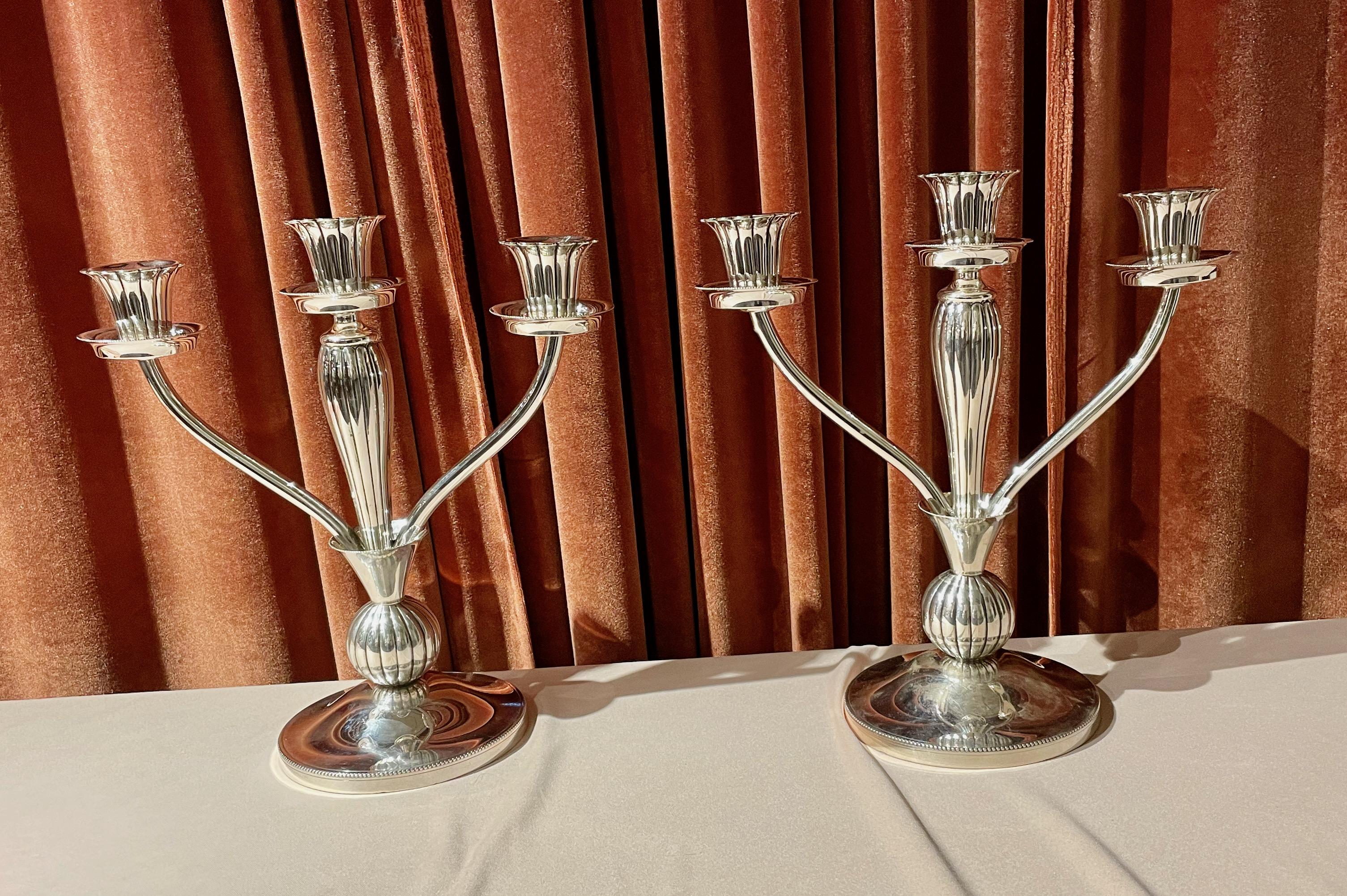 Austrian European Art Deco 925 Silver Pair of Candlesticks For Sale