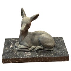 European Art Deco Bronze Reclining Deer Sculpture on Marble Base, circa 1930