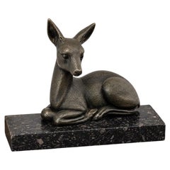 European Art Deco Bronze Reclining Deer Sculpture on Marble Base, circa 1930