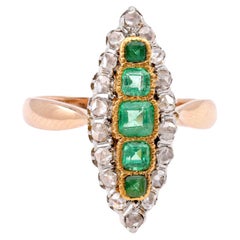 European Art Deco Emerald Diamond Yellow Gold and Platinum Navete Ring
