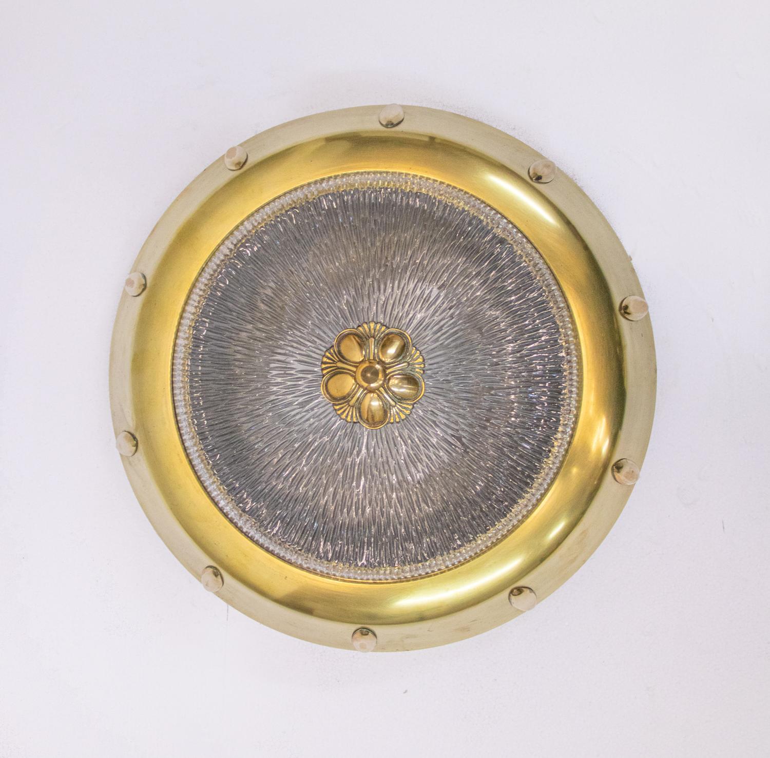 Mid-20th Century European Art Deco Flush Light Brass and Glass 1930s For Sale