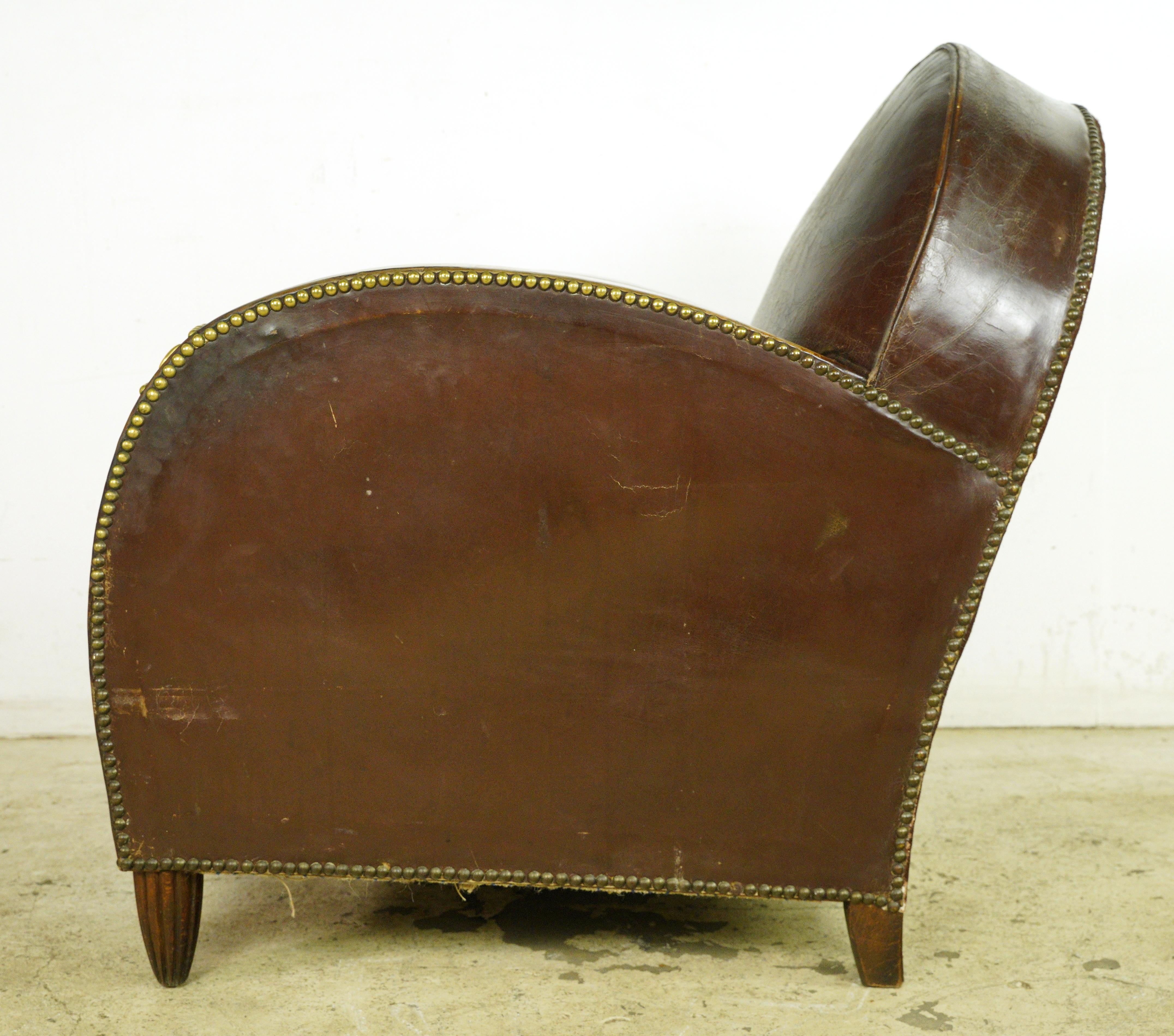 European Art Deco French Leather & Wood Club Chair 5