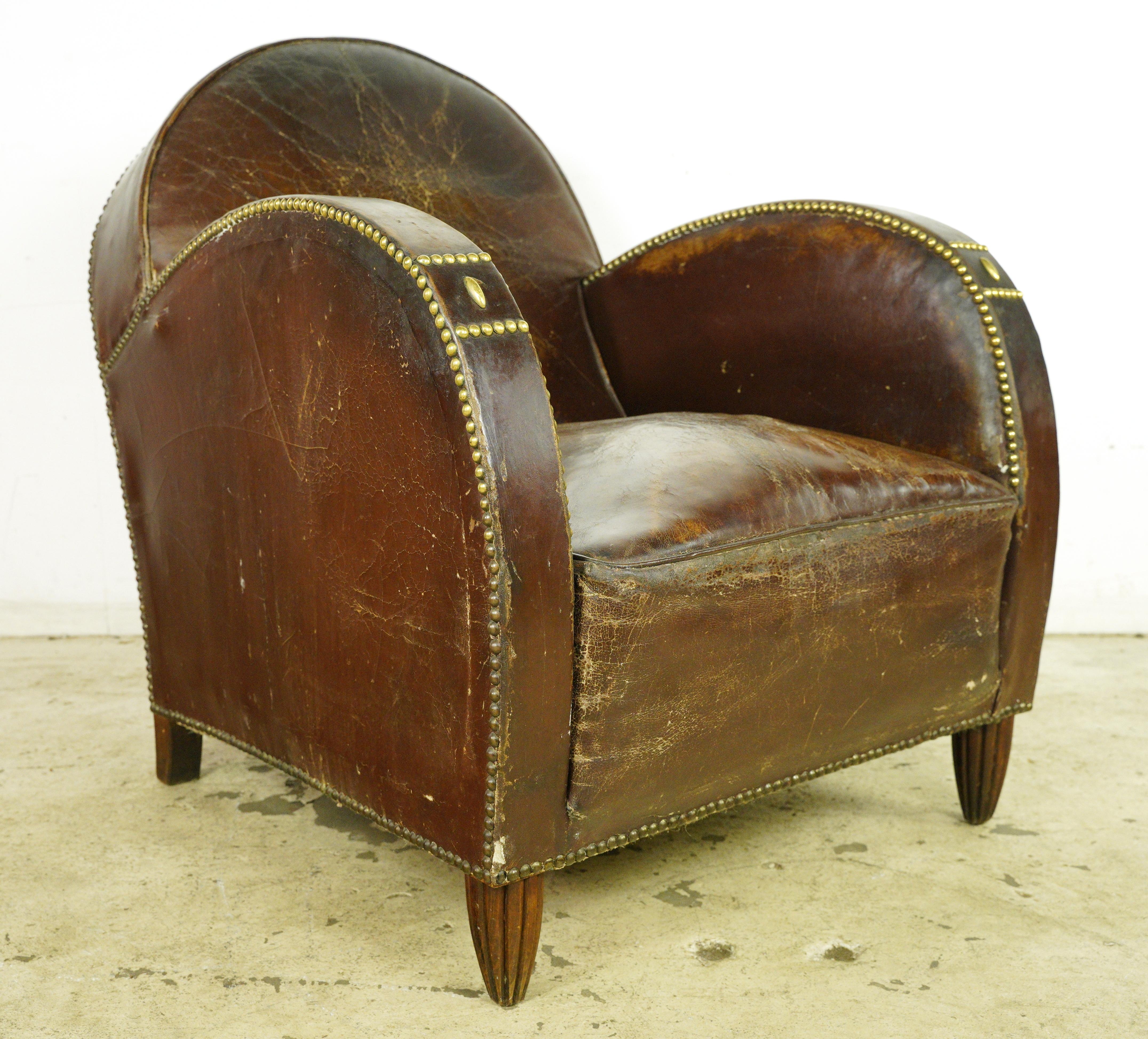 European Art Deco French Leather & Wood Club Chair In Good Condition In New York, NY