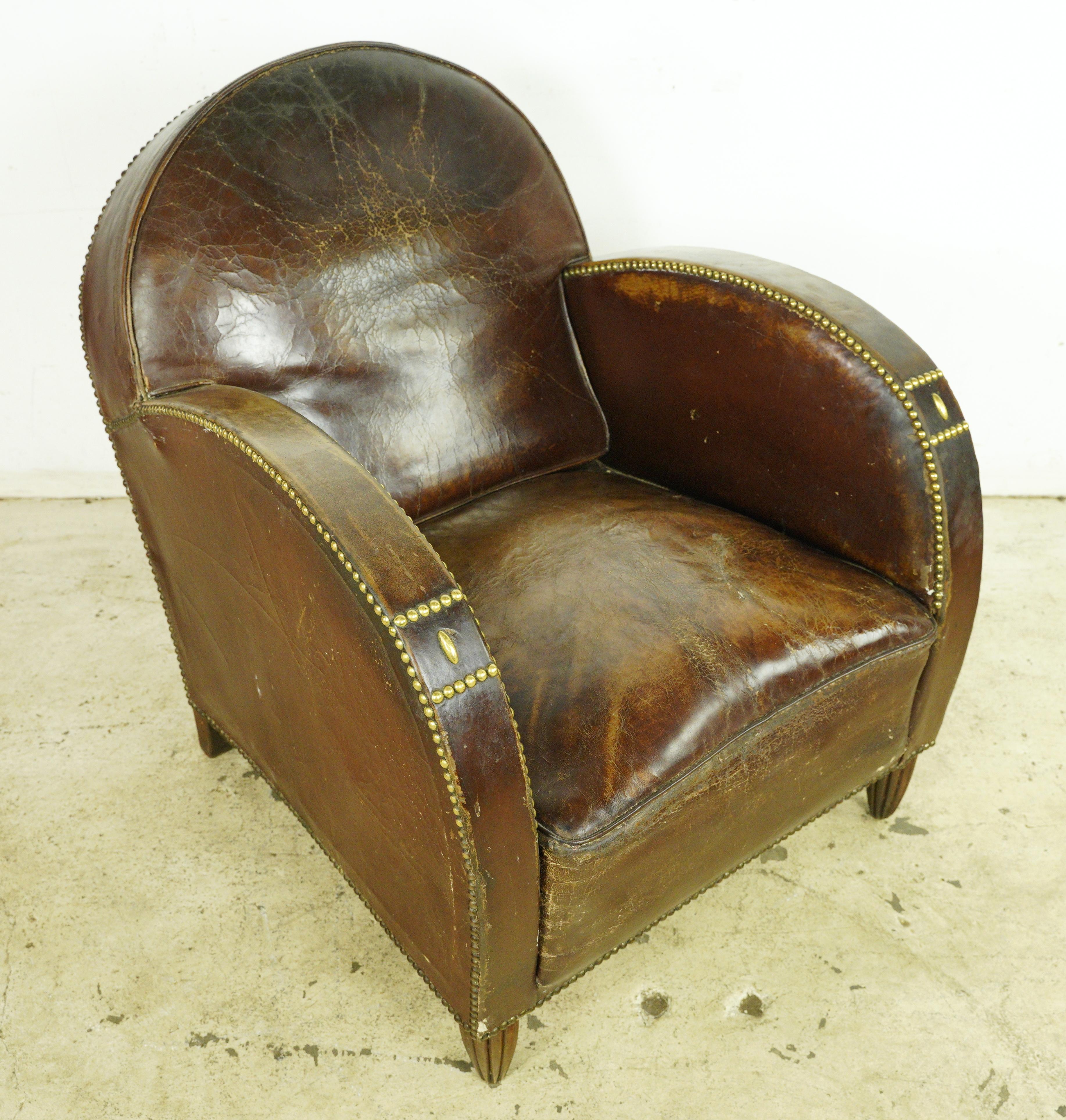 20th Century European Art Deco French Leather & Wood Club Chair