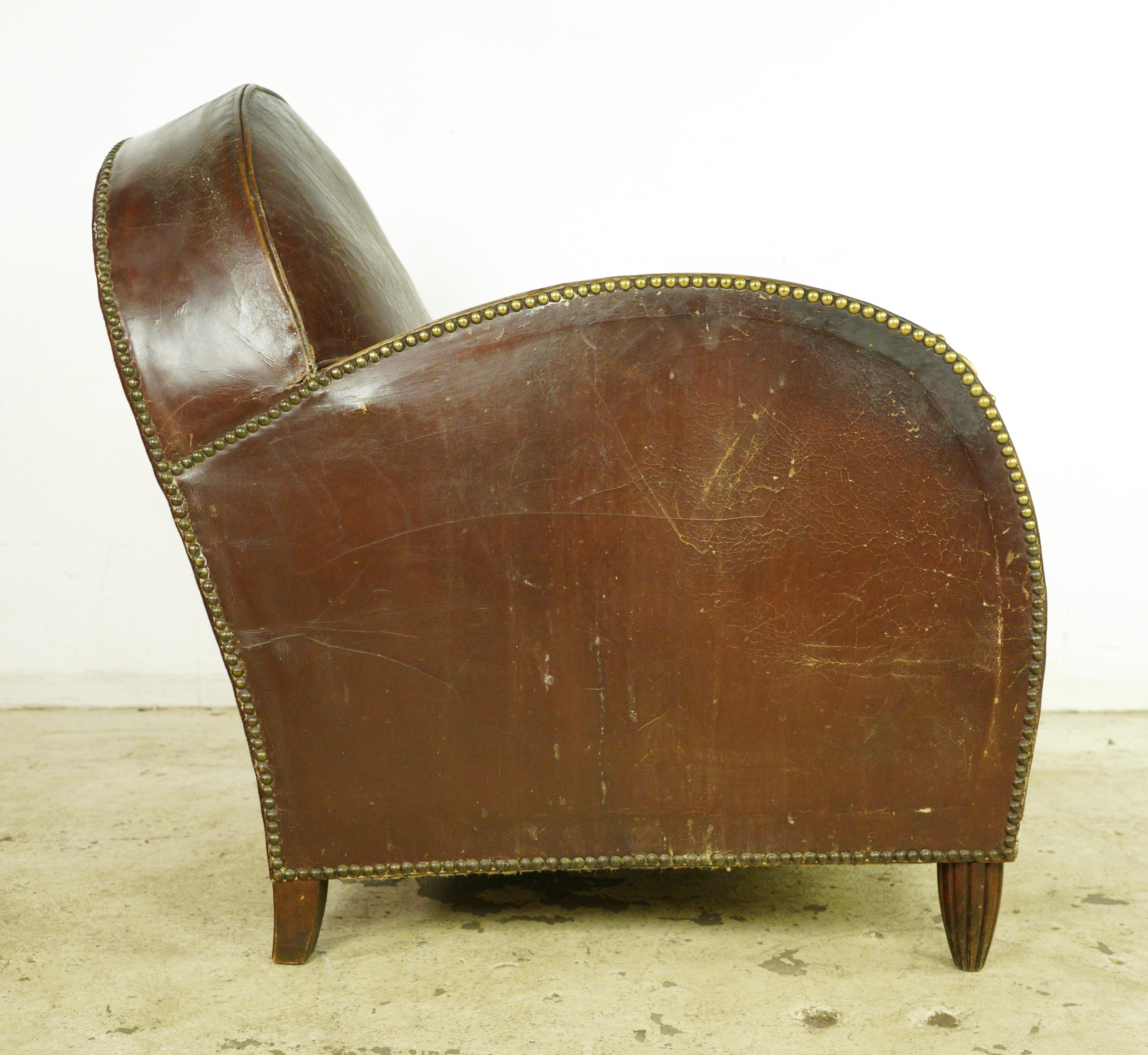 Brass European Art Deco French Leather & Wood Club Chair