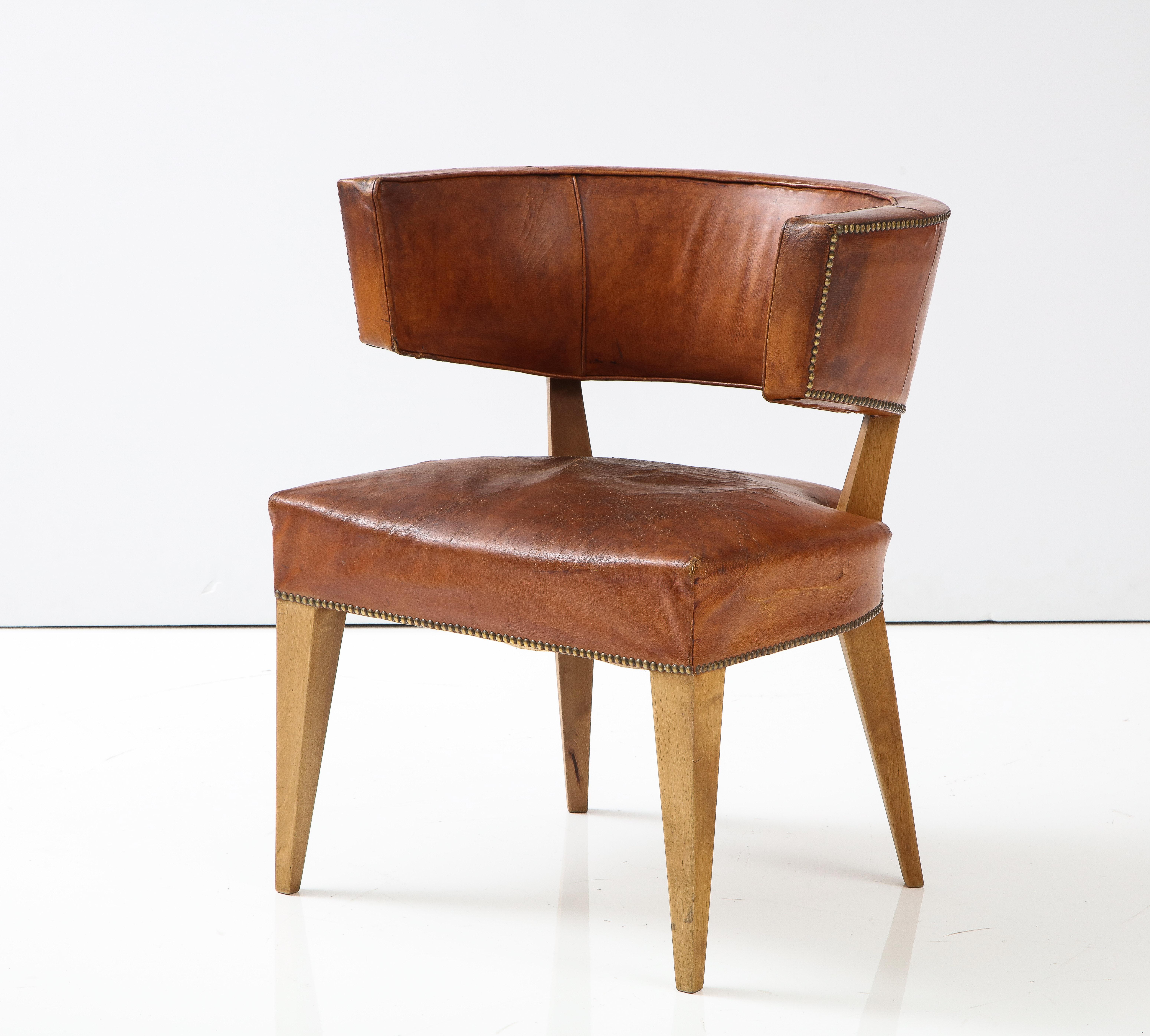French European Art Deco Havana Leather Klismos Chair, 1930's