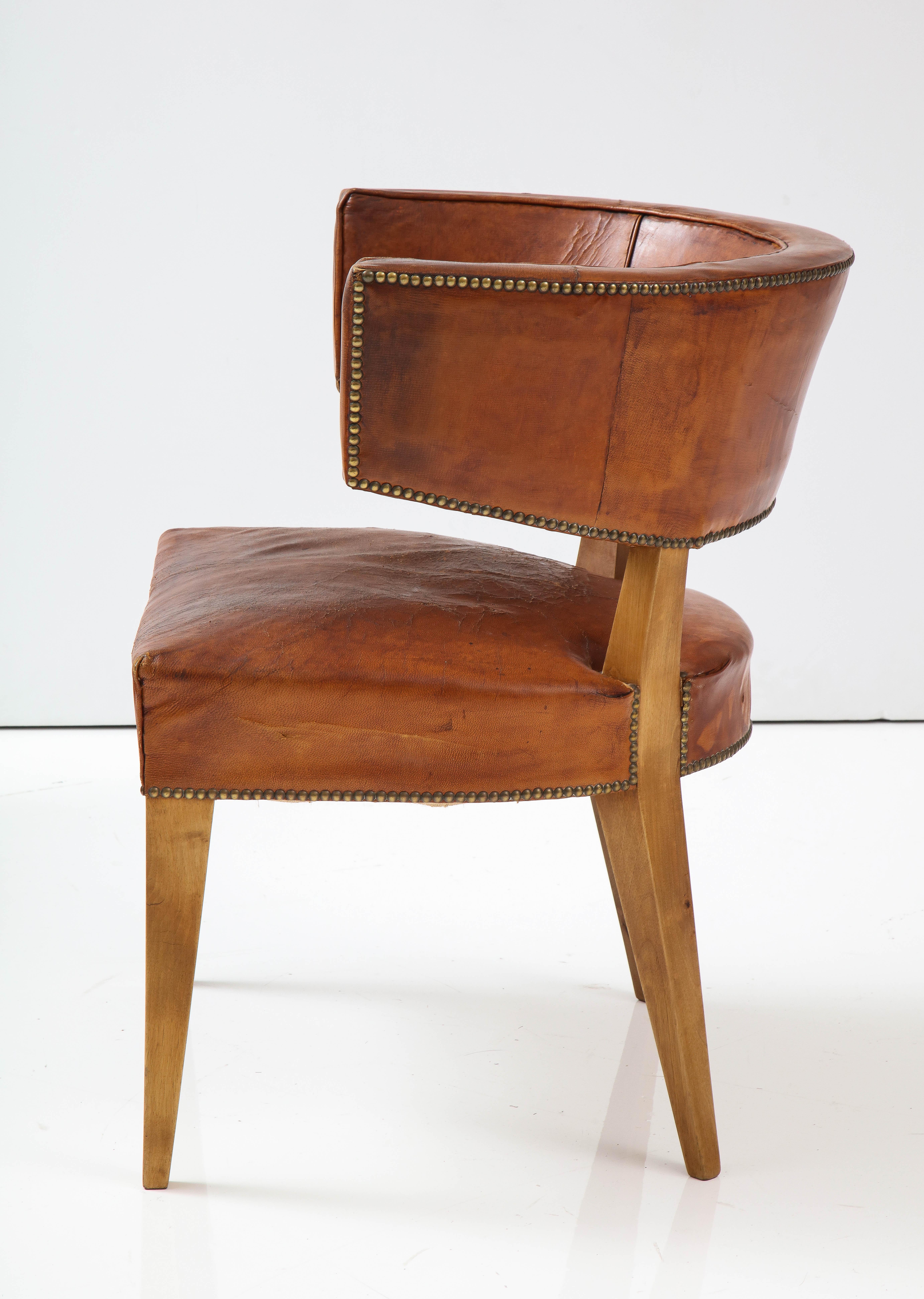 Mid-20th Century European Art Deco Havana Leather Klismos Chair, 1930's