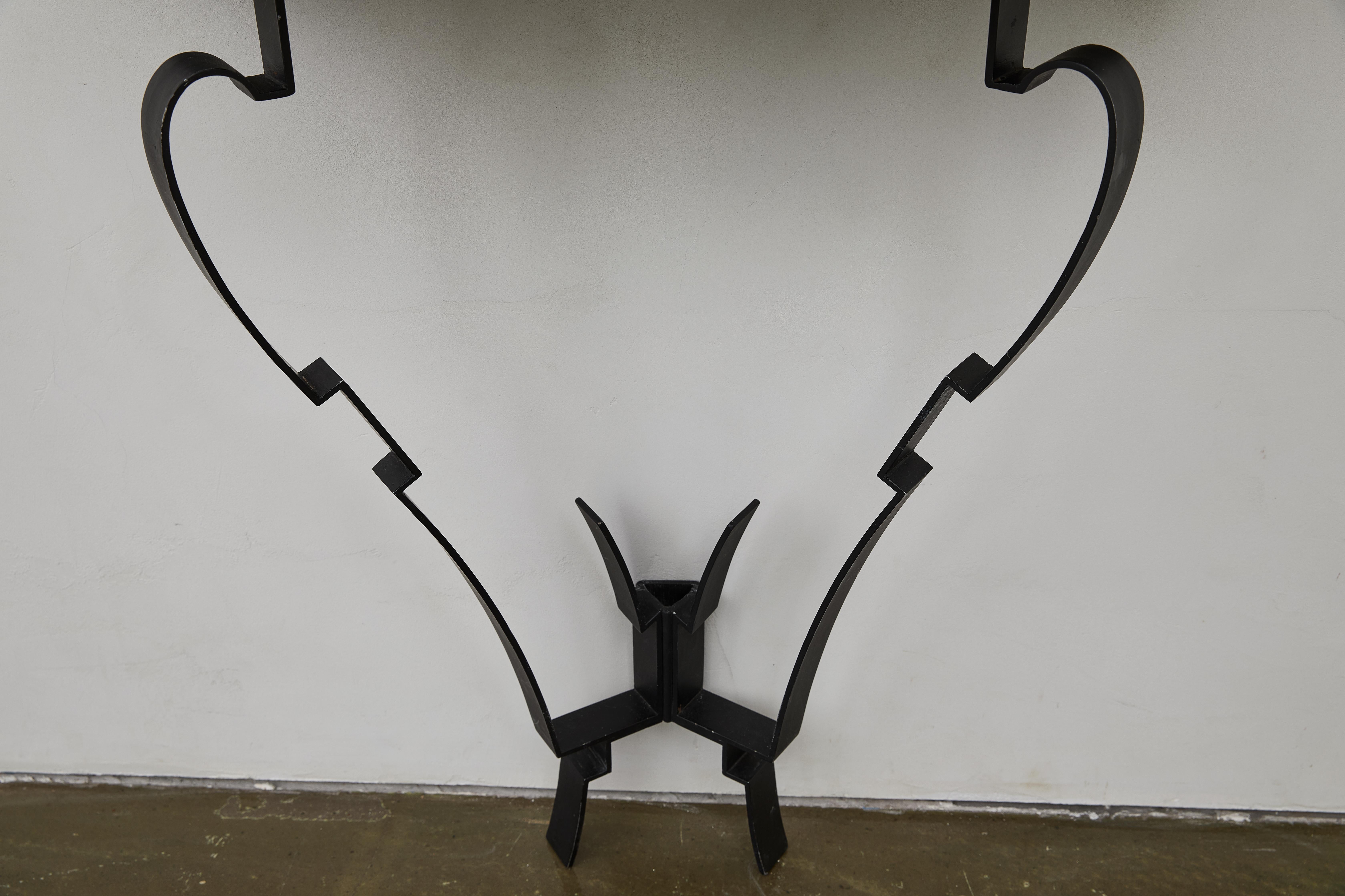 Iron European Art Deco-Inspired Granite Top Console Table with Wall-Mounted Black Iro For Sale