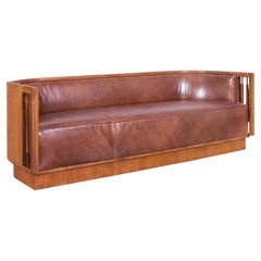 European Art Deco Leather and Walnut Sofa