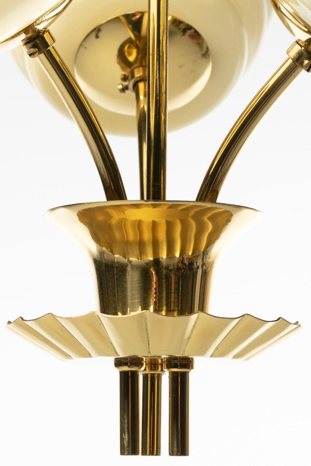 European Art Deco Paavo Tynell Style Brass Chandelier Pendant Fully Restored For Sale 1
