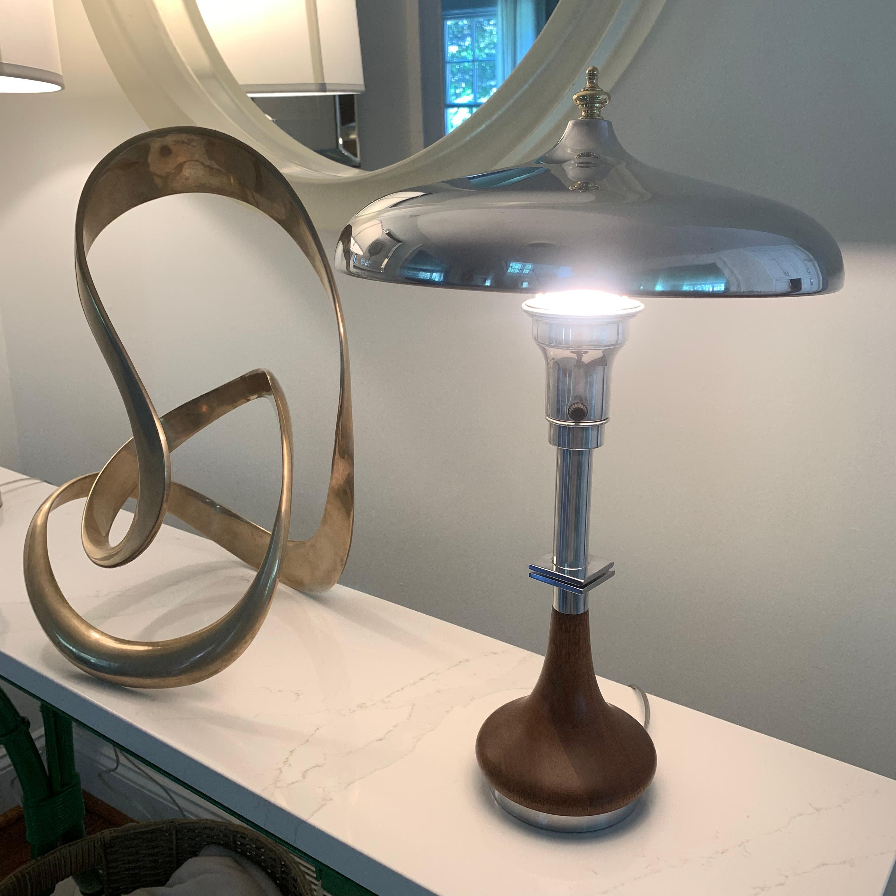 Scandinavian Art Deco Table Lamp With Chrome Shade And Solid Brass Finial 12