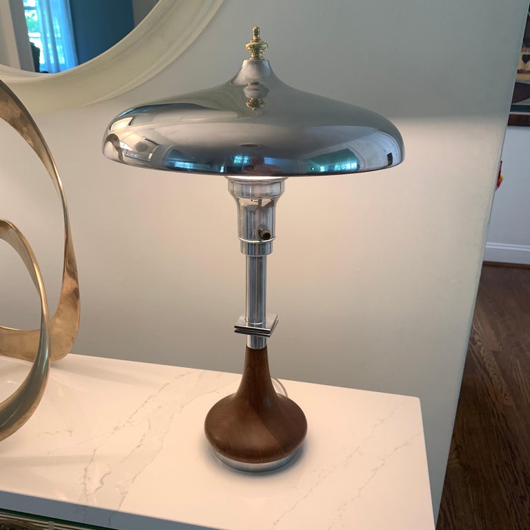 European Art Deco Table Lamp with Chrome Metal Shade and Solid Brass