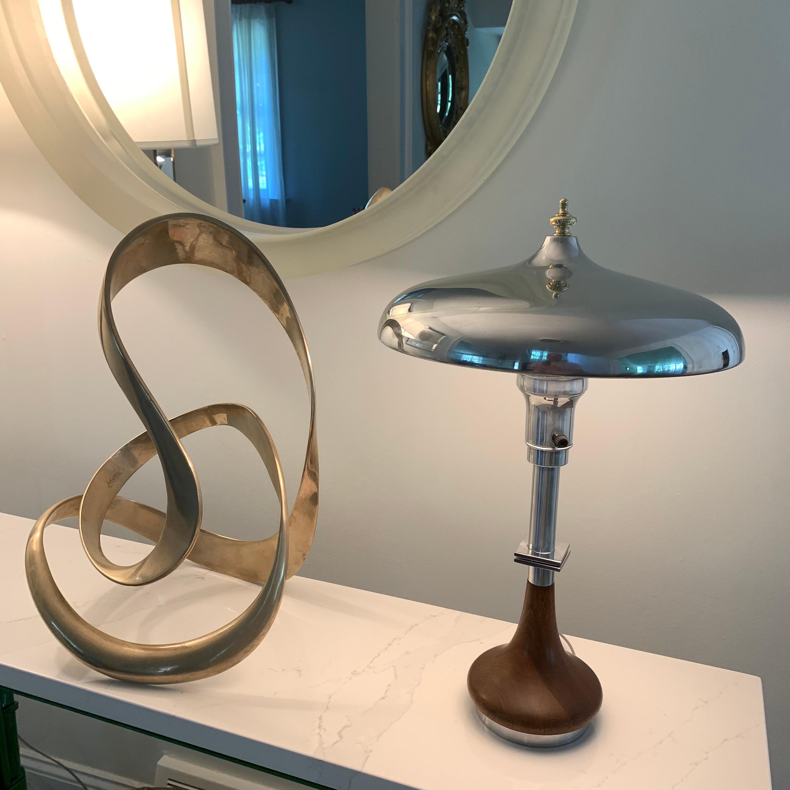 Polished Scandinavian Art Deco Table Lamp With Chrome Shade And Solid Brass Finial