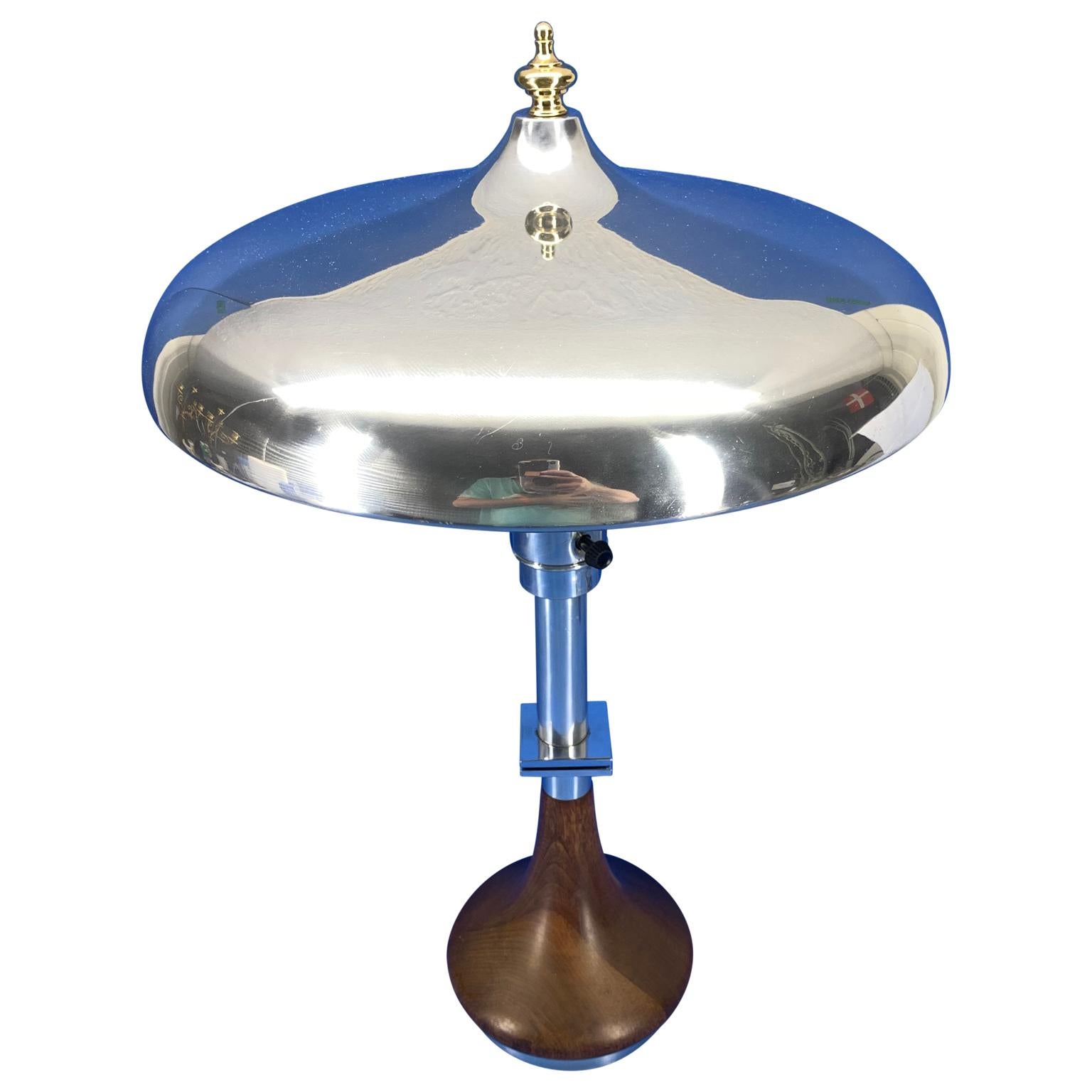 Scandinavian Art Deco Table Lamp With Chrome Shade And Solid Brass Finial In Good Condition In Haddonfield, NJ
