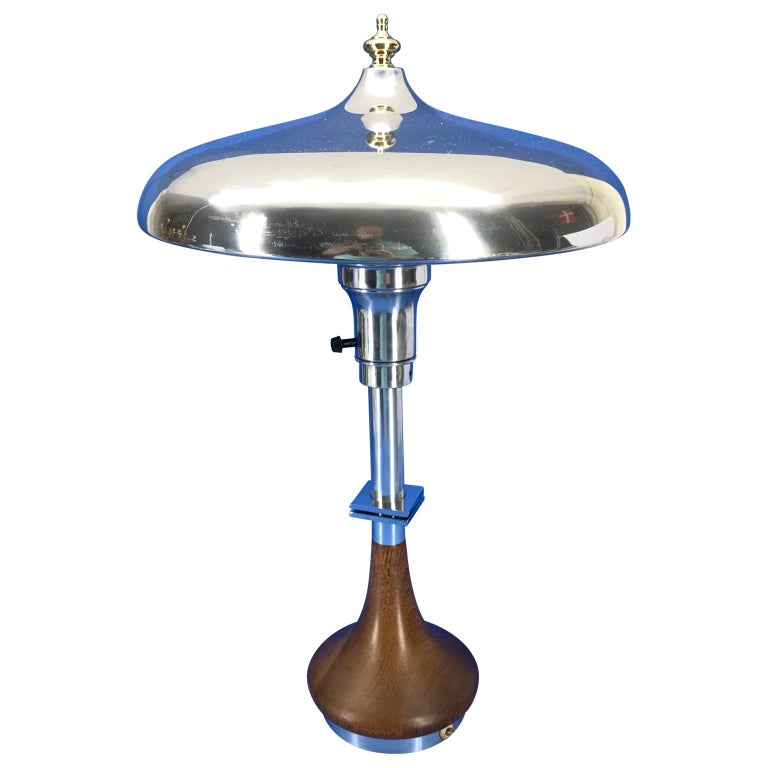European Art Deco Table Lamp with Chrome Metal Shade and Solid Brass