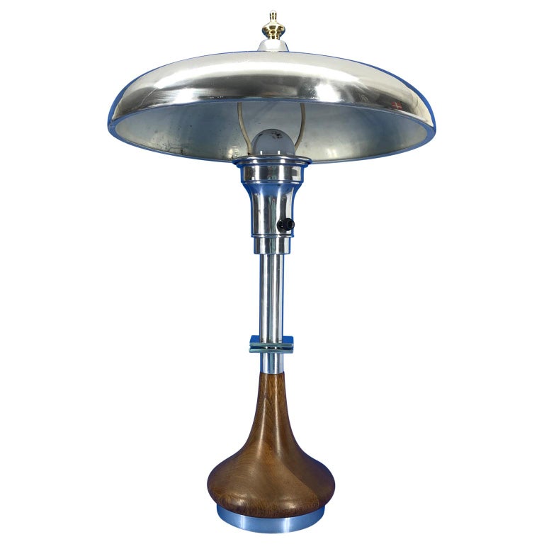 European Art Deco Table Lamp with Chrome Metal Shade and Solid Brass