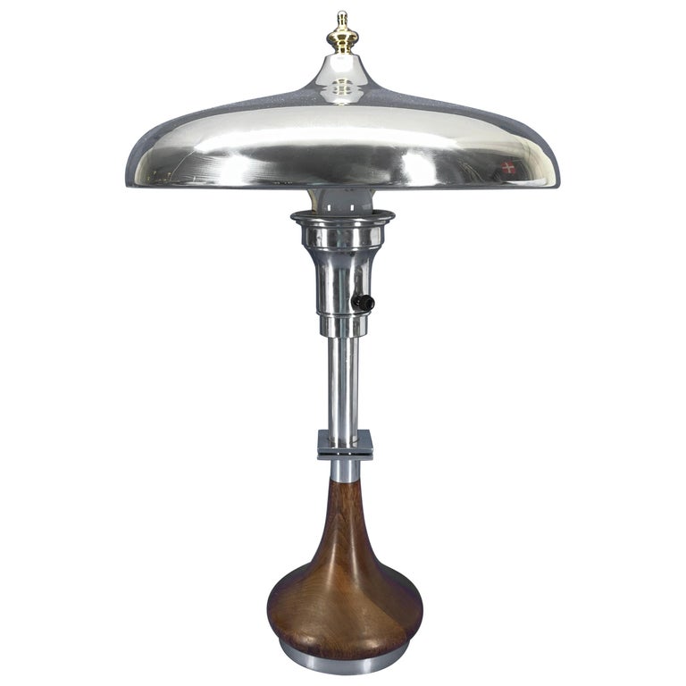 European Art Deco Table Lamp with Chrome Metal Shade and Solid Brass