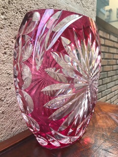 European Art Deco Vase Carved Glass Beveled Fuchsia by Val Saint Lambert