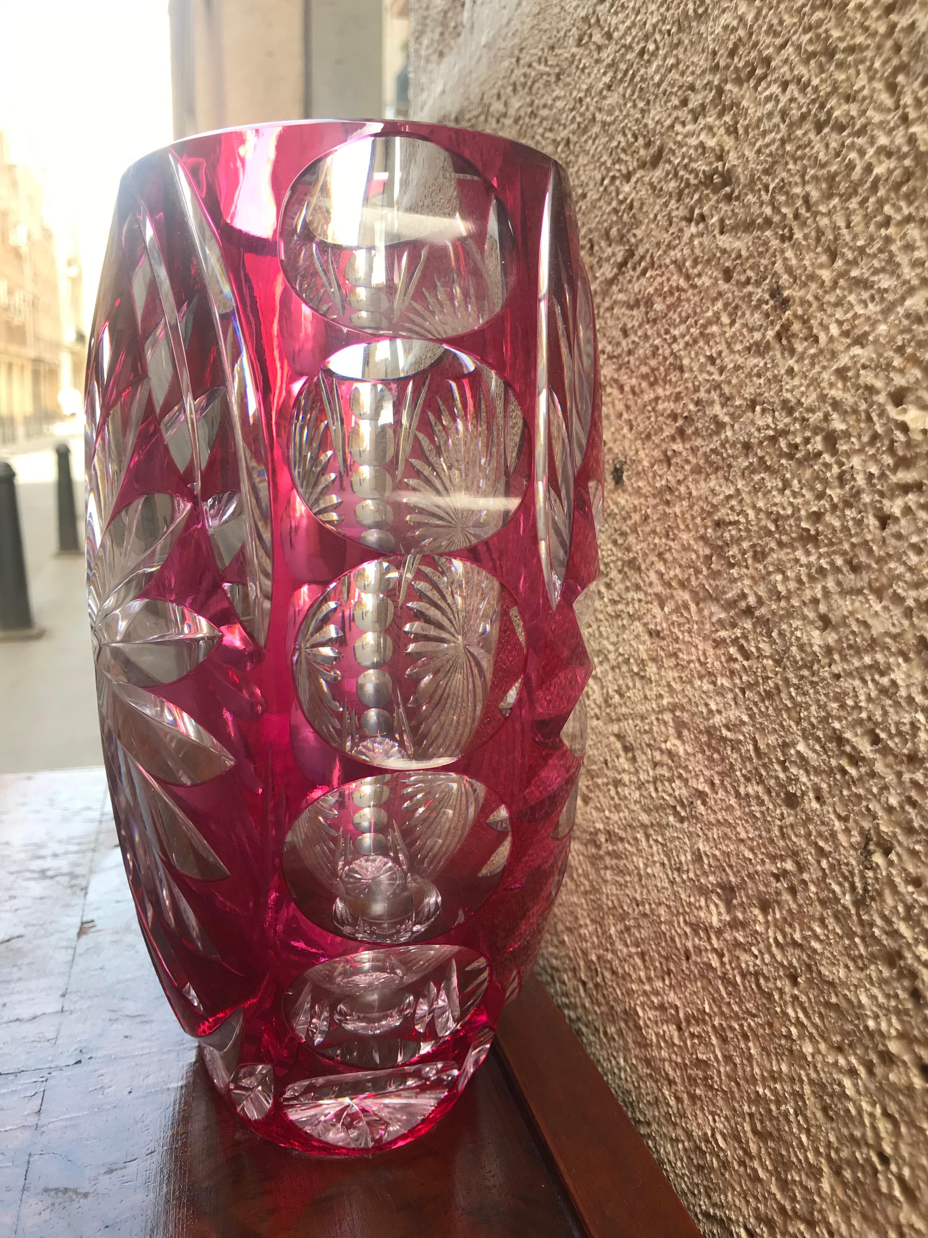 20th Century European Art Deco Vase Carved Glass Beveled Fuchsia by Val Saint Lambert For Sale