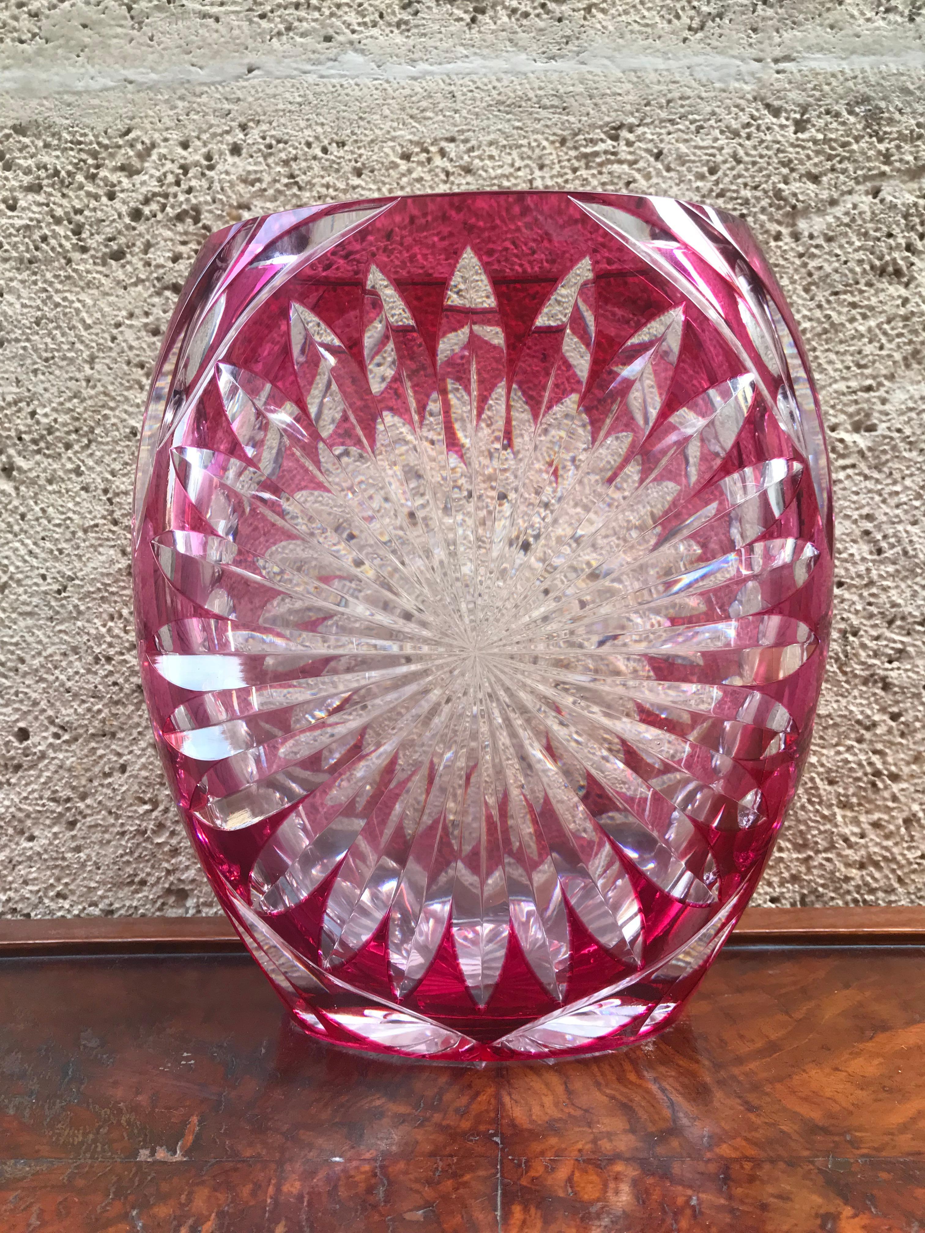 Art Glass European Art Deco Vase Carved Glass Beveled Fuchsia by Val Saint Lambert For Sale