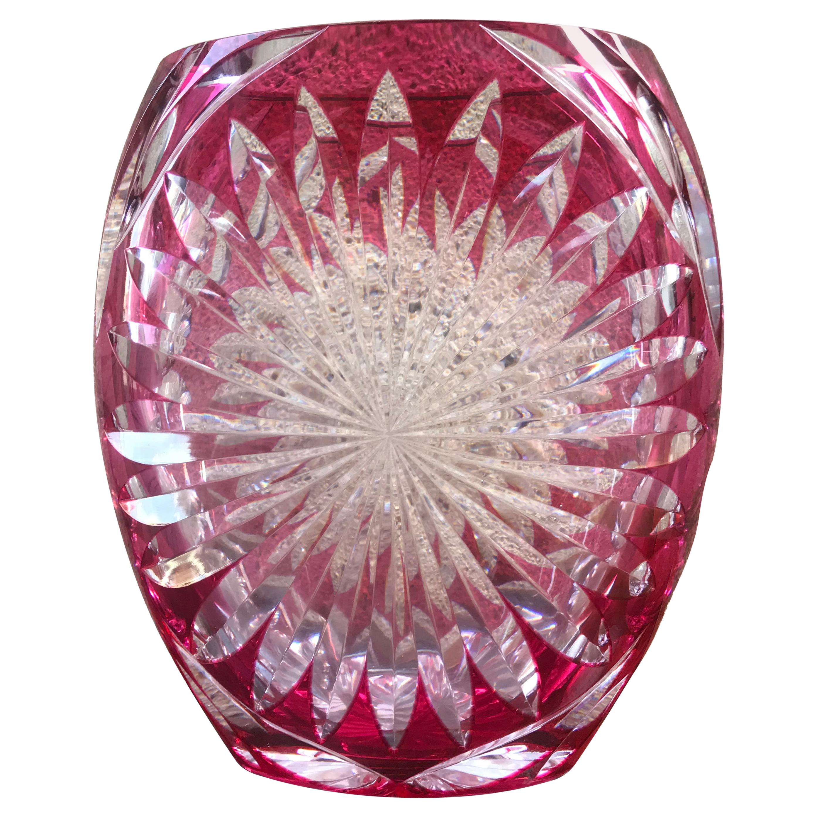 European Art Deco Vase Carved Glass Beveled Fuchsia by Val Saint Lambert For Sale