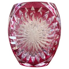 Retro European Art Deco Vase Carved Glass Beveled Fuchsia by Val Saint Lambert