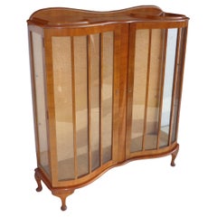 Antique European Art Deco Walnut Glass Curio Display Cabinet