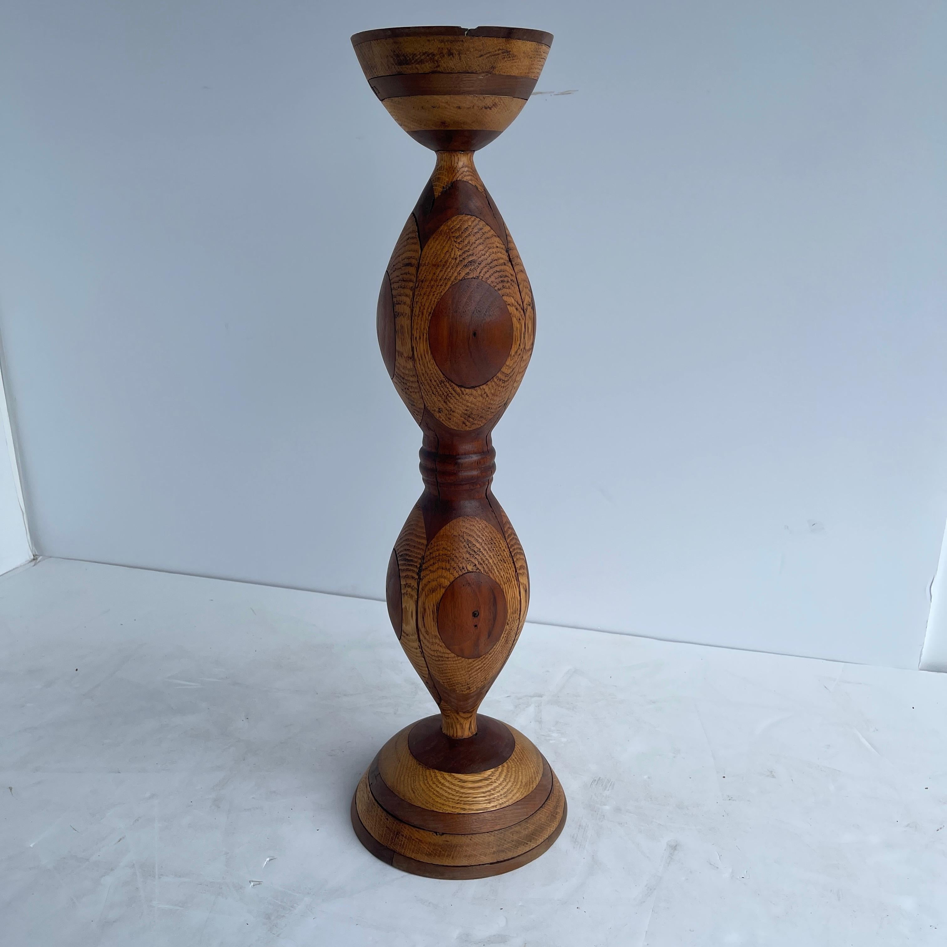 Probably French handcrafted multiple wooden ashtray stand. Tall and sturdy this floor stand ashtray has beautiful wood inlay. Could also be used as a candleholder.