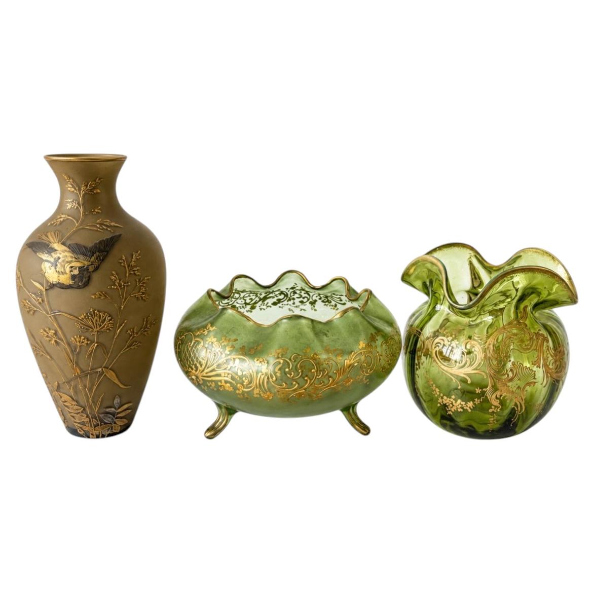 European Art Nouveau Colored Glass Vases and Flower Holder
