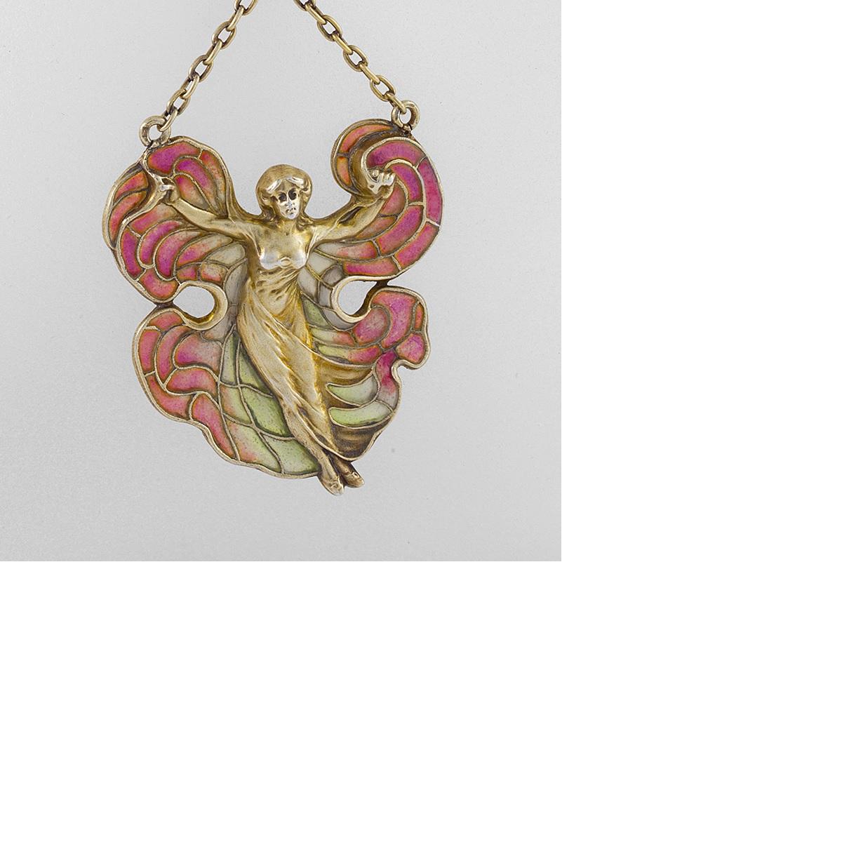 European Art Nouveau Silver Gilt and Enamel Femme-Fleur Pendant or Necklace In Excellent Condition In New York, NY