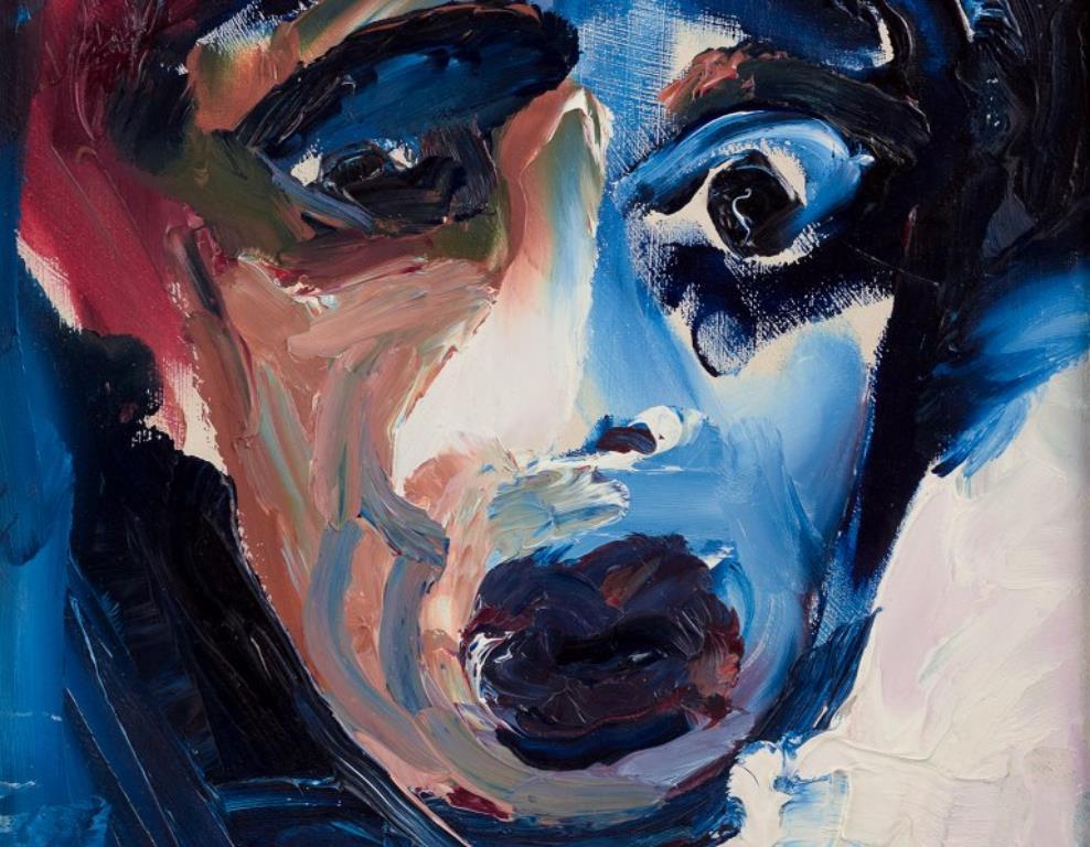 Modern European Artist. Oil on board. Portrait of a clown. Dated 1962 For Sale