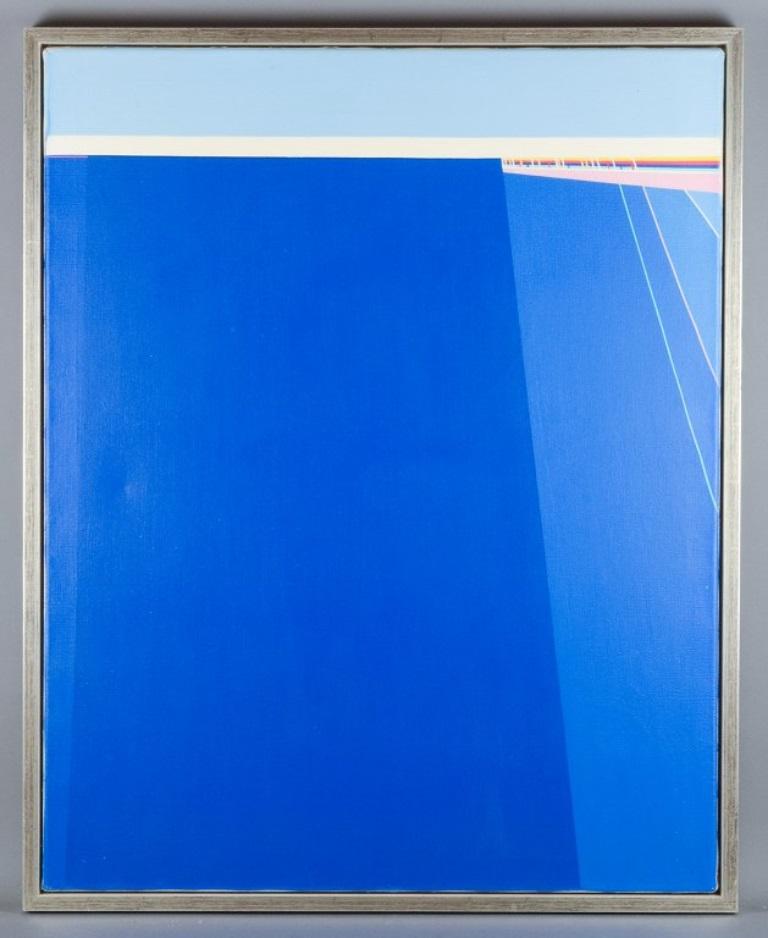 European artist.
Oil on canvas. High-quality painting.
Abstract composition in blue colours.
Dated 1984 on the back.
In perfect condition.
Dimensions: W 81.0 cm x H 100 cm.
Total dimensions: W 84.5 cm x H 103.5 cm.