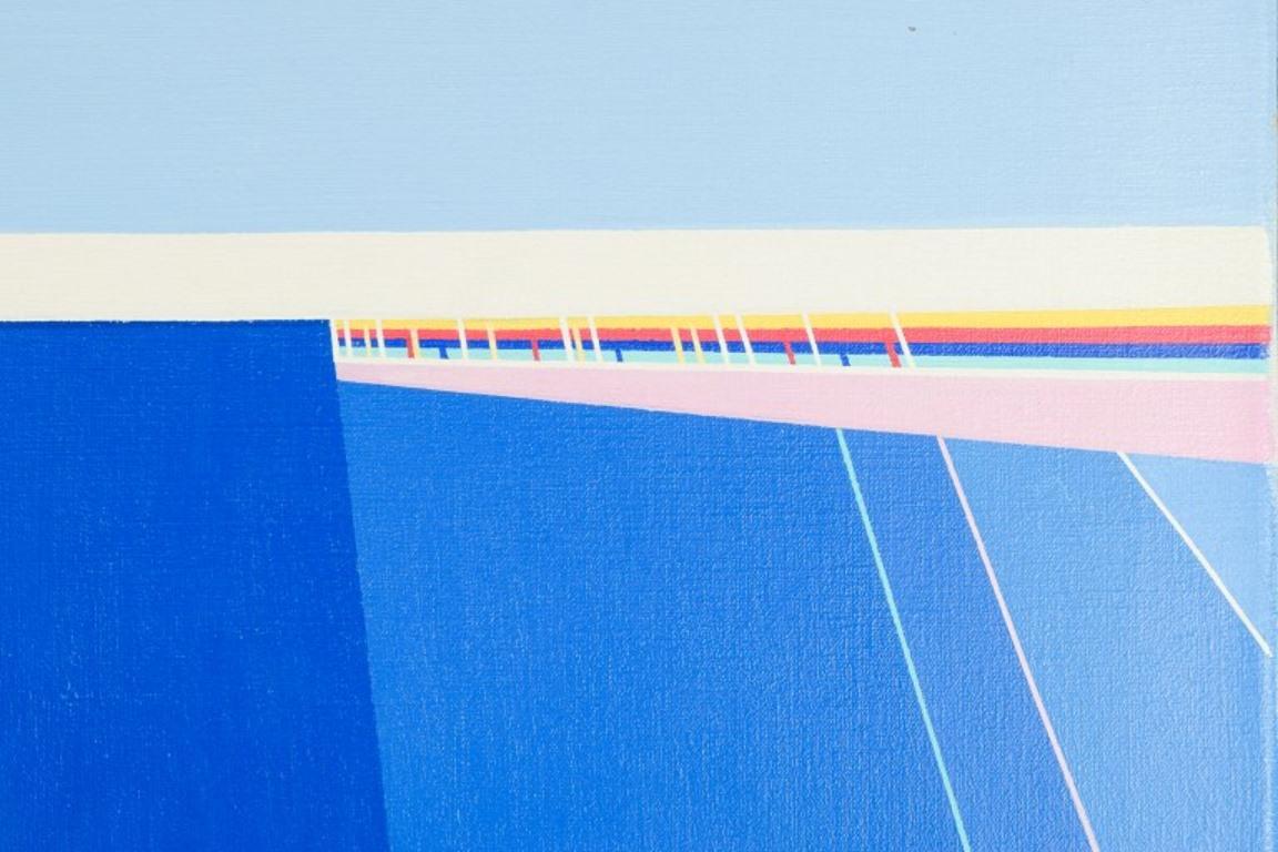 Artistics européens. Huile sur toile. Composition abstraite aux couleurs bleues. Excellent état - En vente à Copenhagen, DK