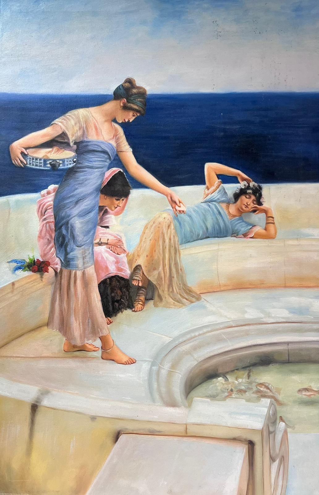 Doncellas clásicas griegas en terraza junto a estanque de carpas Pintura al óleo grande sobre lienzo - Painting de European Artist