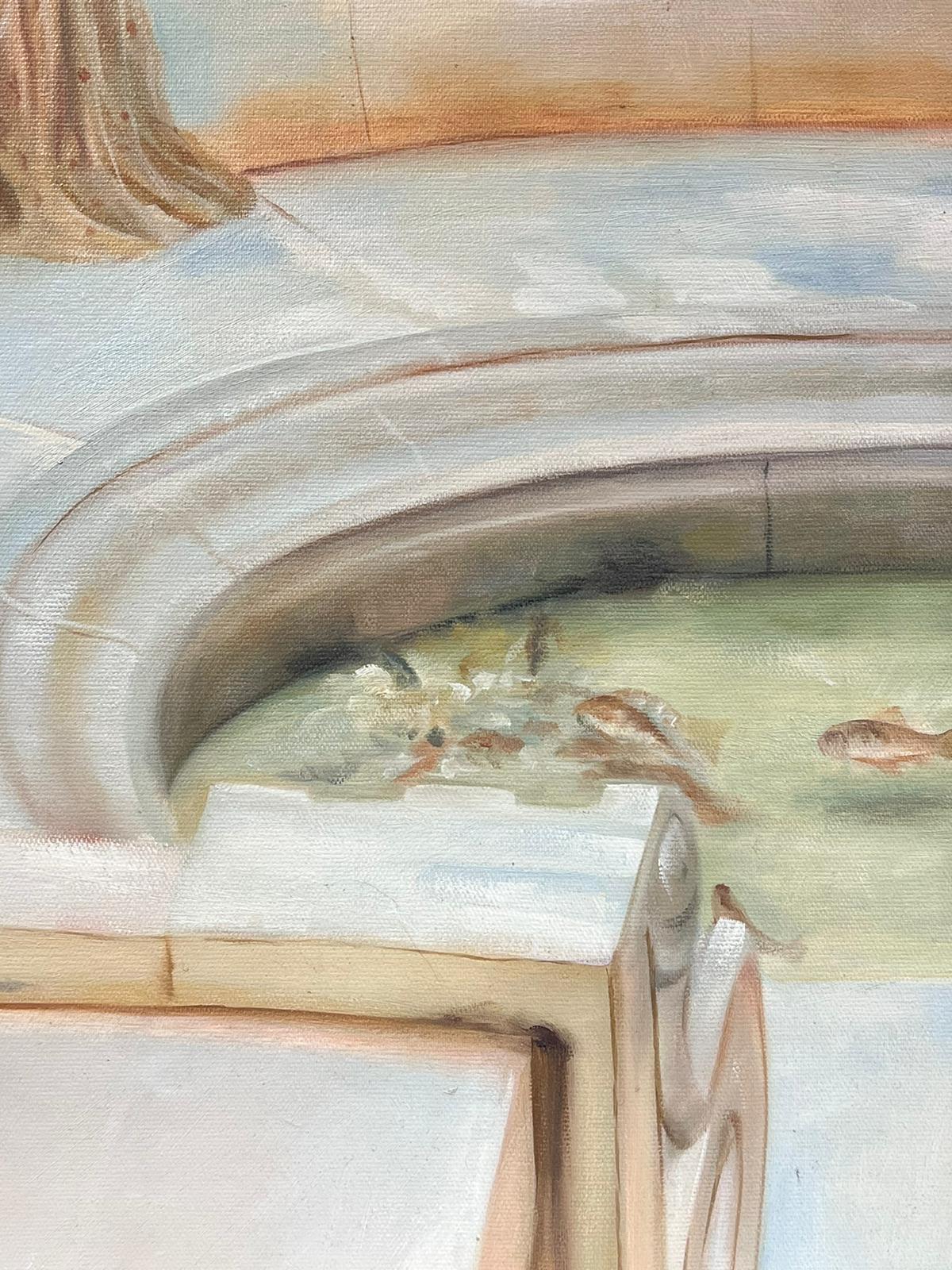 Doncellas clásicas griegas en terraza junto a estanque de carpas Pintura al óleo grande sobre lienzo - Painting Moderno de European Artist