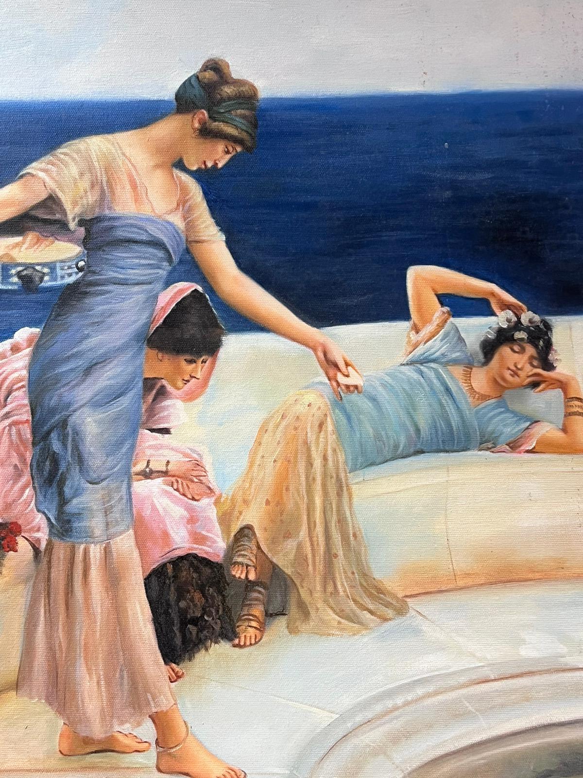 Doncellas clásicas griegas en terraza junto a estanque de carpas Pintura al óleo grande sobre lienzo 1