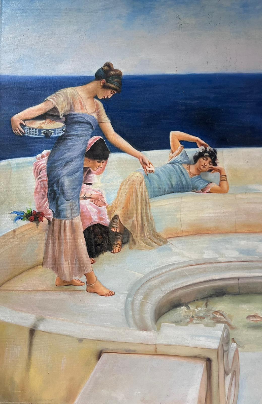 Classical Grecian Maidens on Terrace by Carp Pond Large Oil Painting on Canvas