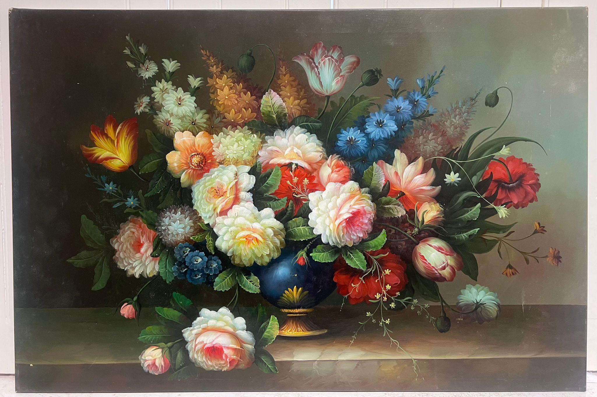 Classical Still Life Oil Painting Ornate Flowers on Stone Plinth Large Canvas - Black Interior Painting by European Artist