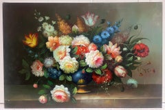 Klassisches Stillleben, Ölgemälde, verschnörkelte Blumen auf Steinsockel, Große Leinwand