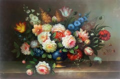 Vintage Classical Still Life Oil Painting Ornate Flowers on Stone Plinth Large Canvas