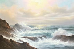 Crashing Waves Rocky Coast Large Traditional Signed Oil Painting Gilt Frame